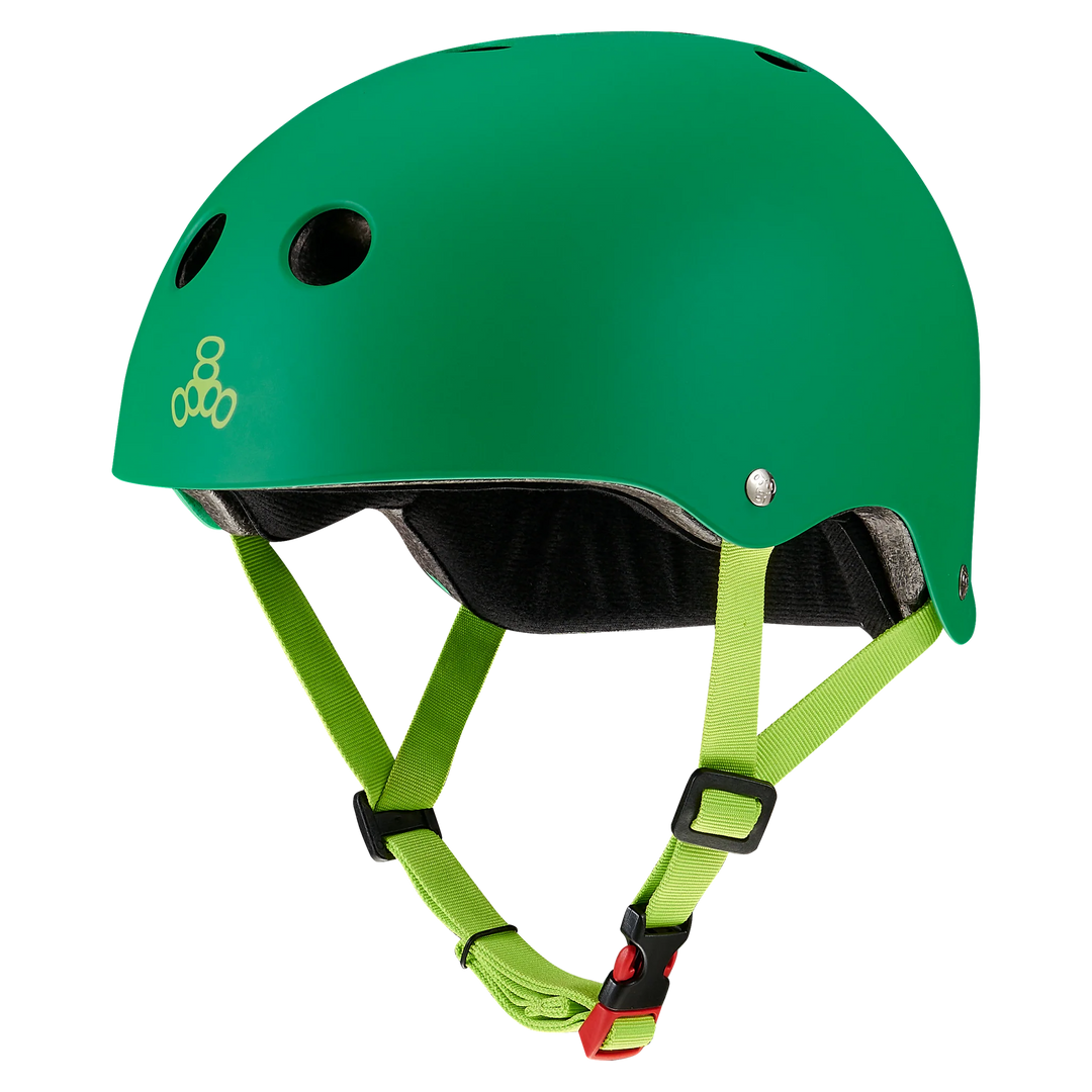 Triple 8 The Certified SweatSaver helmet with a kelly Green shell and lime green strap on a white background
