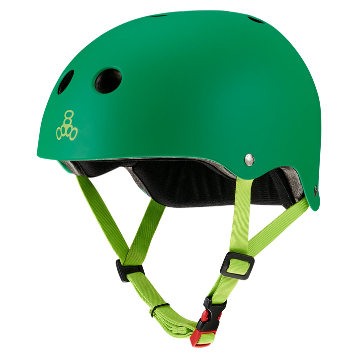 Triple 8 The Certified SweatSaver helmet with a kelly Green shell and lime green strap on a white background
