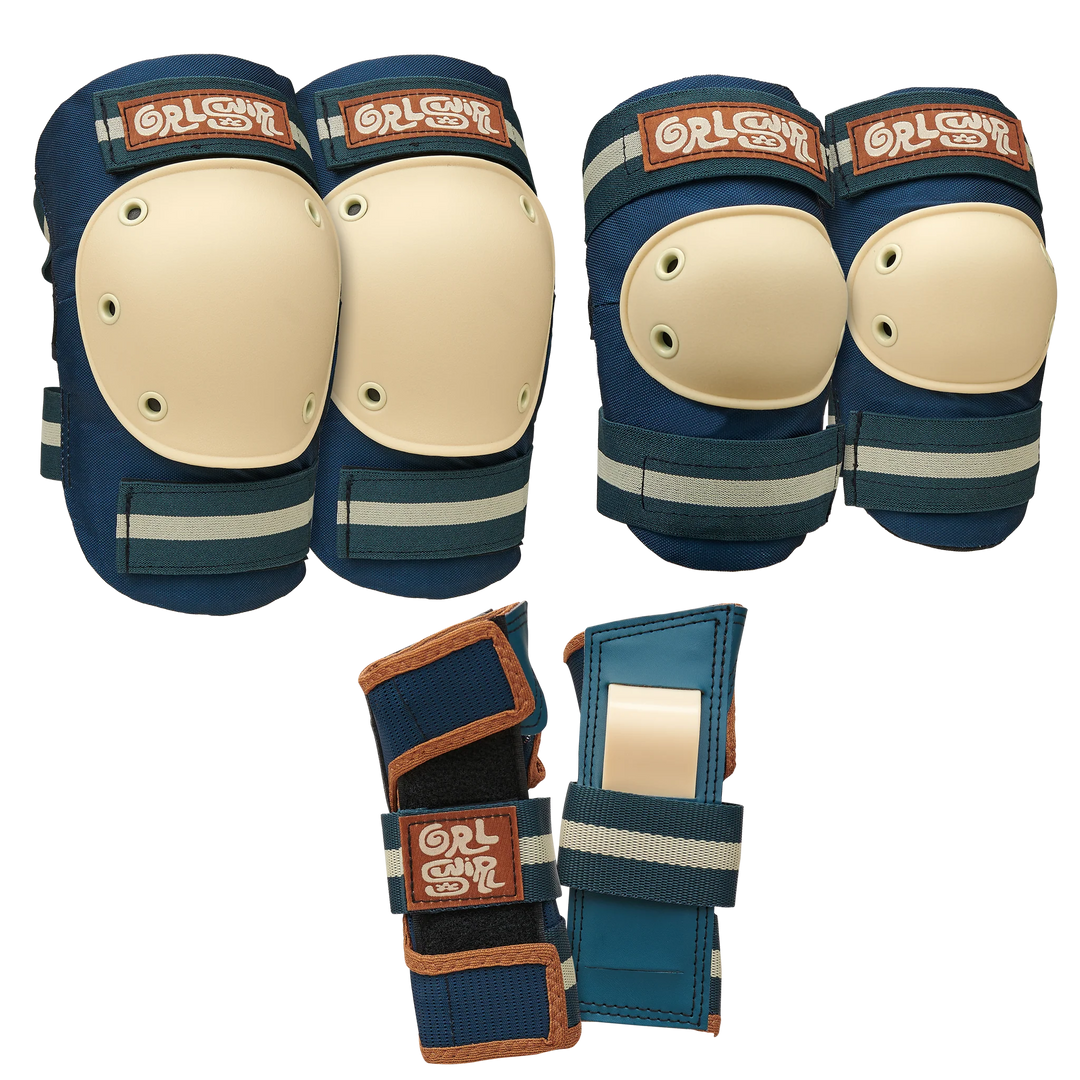 Blue, brown and cream protective gear set with 'GrlSwirl' branding on a white background