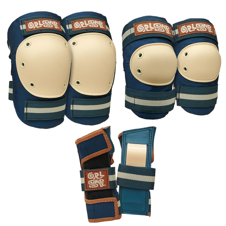 Blue, brown and cream protective gear set with 'GrlSwirl' branding on a white background