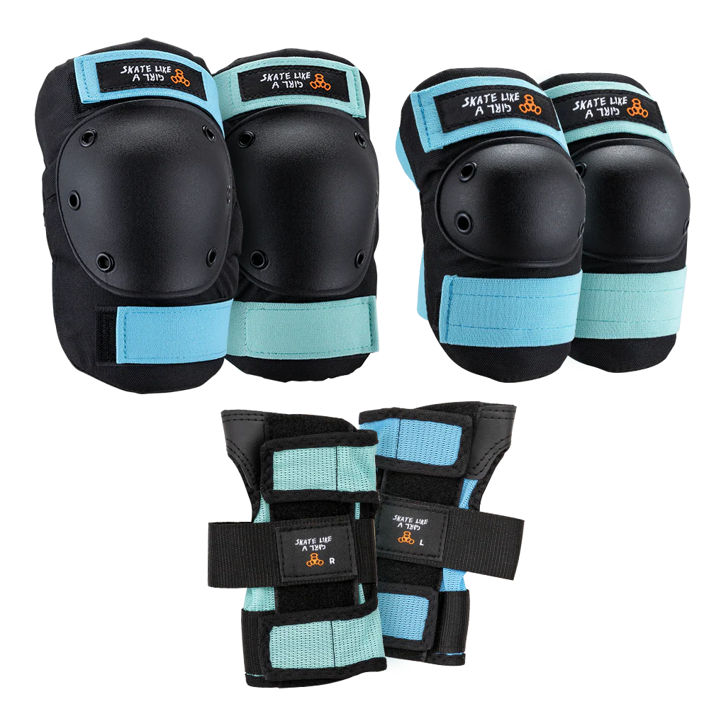 Black and light blue protective gear set with 'Skate Like a Girl' branding on a white background