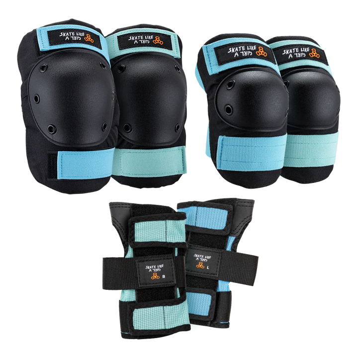 Black and light blue protective gear set with 'Skate Like a Girl' branding on a white background