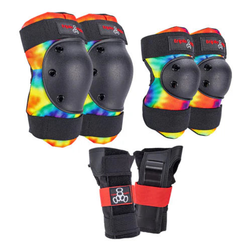 Multicolour tiedye protective gear set with 'Triple Eight' branding on a white background