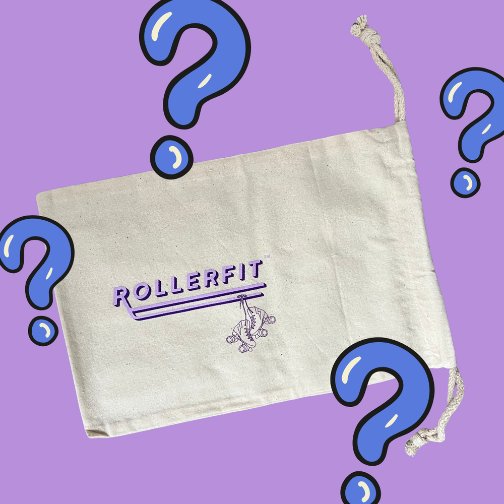 Canvas drawstring bag with 'ROLLERFIT' branding on a purple background with question marks.