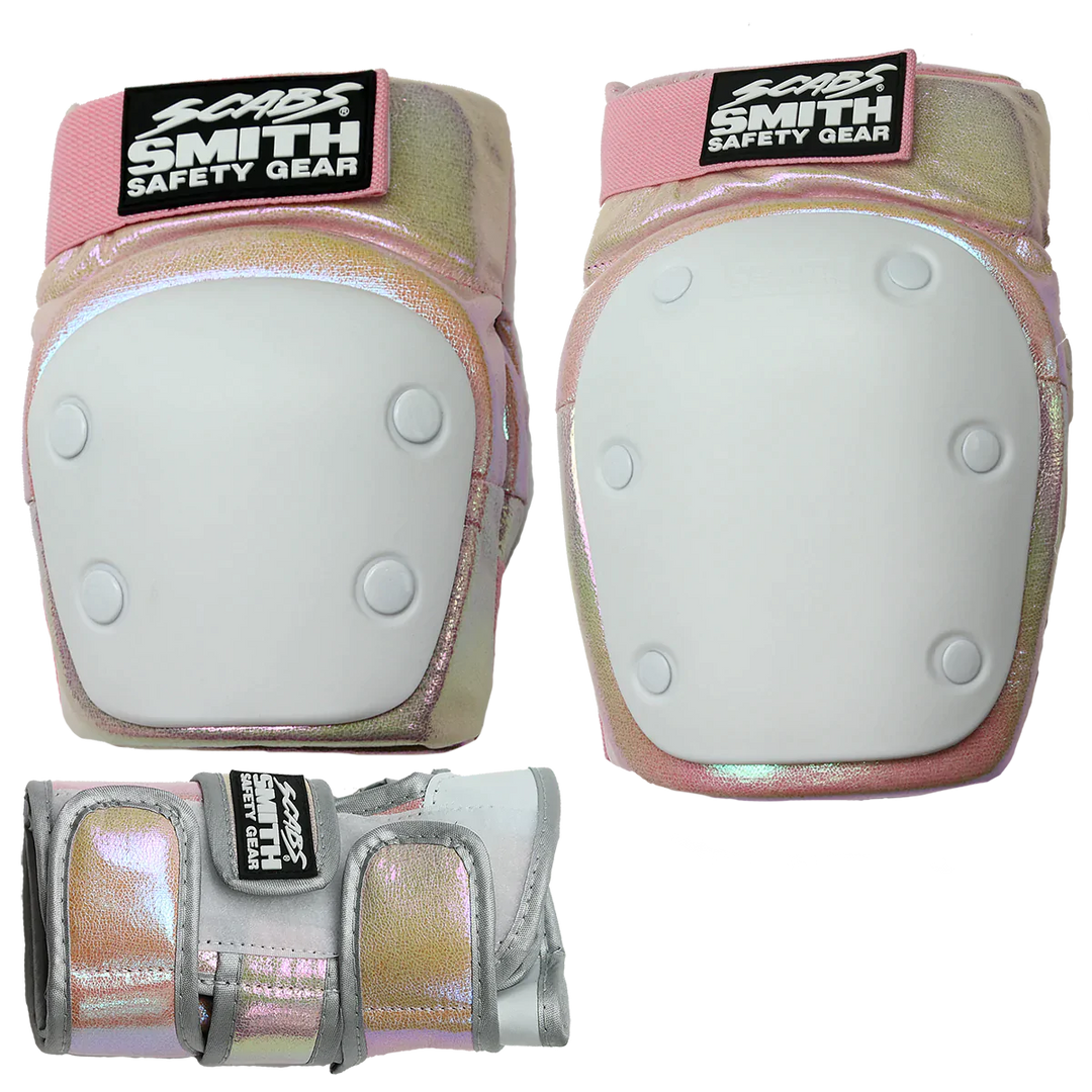 Smith Scabs Tri Pack in glittery cotton cand with knee, elbow and wrist guards.