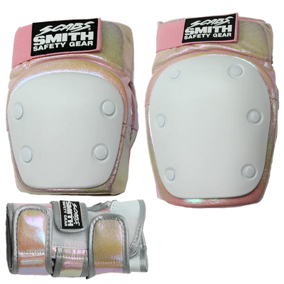 Smith Scabs Tri Pack in glittery cotton cand with knee, elbow and wrist guards.