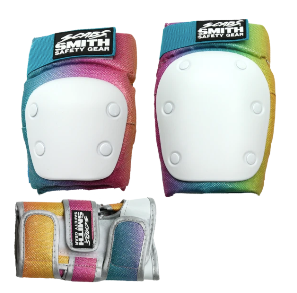 Smith Scabs Tri Pack in shiny mermaid rainbow with knee, elbow and wrist guards.