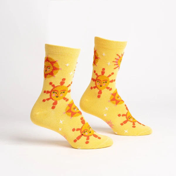 Sock it to Me womens crew socks, sunflower yellow with fuzzy smiling sunshines