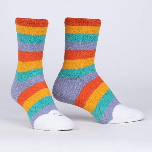 Rainbow stripe sock with white cloud toe area.