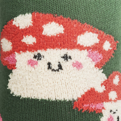 Forest green socks with fuzzy pink and red mushrooms with cute smiley faces.