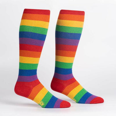 Knee high glittery rainbow stripe socks.