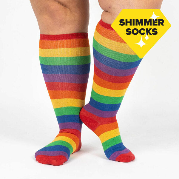 Knee high glittery rainbow stripe socks.