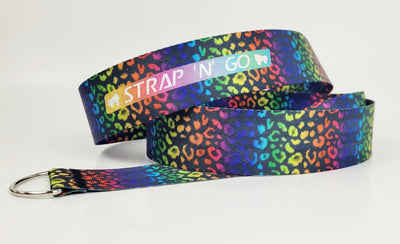 Strap N Go skate leash in Rainbow Leopard: black background with bright rainbow gradient in leopard print pattern.