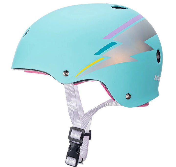 Triple 8 teal hologram helmet with lightning bolt.