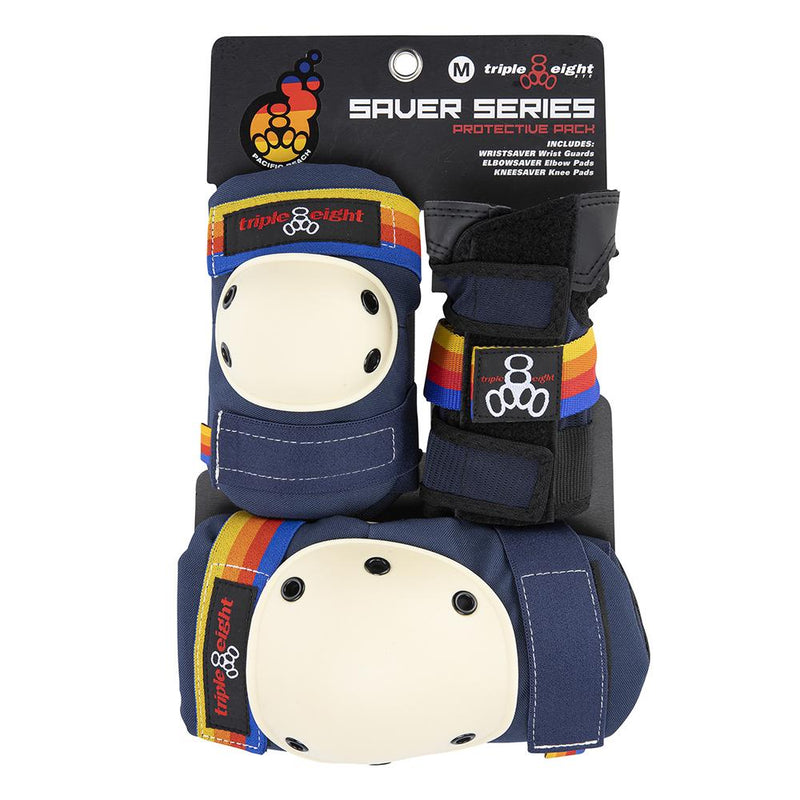 Triple 8 Tri Pack Saver Series in Pacific Beach, a navy blue pad with yellow, orange and red stripe straps and cream caps.
