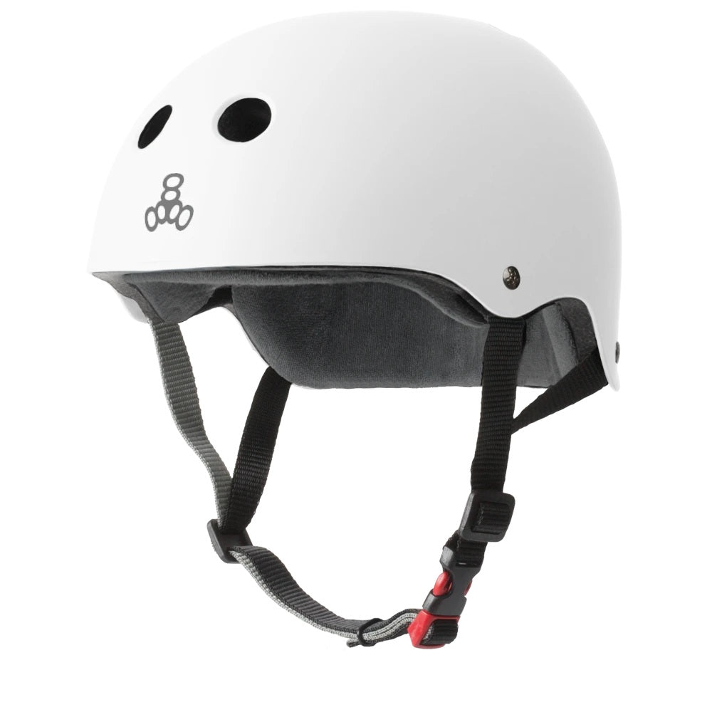 A white gloss Triple 8 sweat saver helmet.