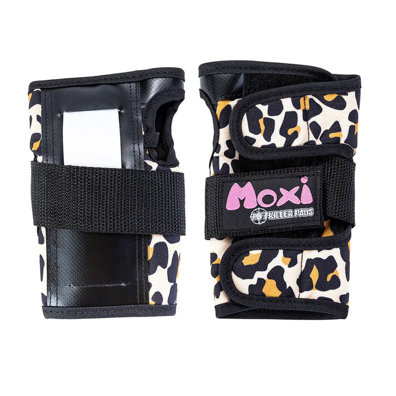 Moxi Roller Skates x 187 Killer Pads wrist guards in Leopard print.