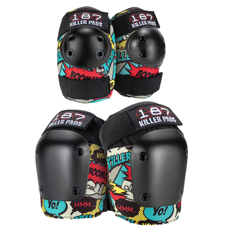 187 Killer Pads Combo Pack in bright turquoise, red, yellow and off-white graphic comic print with black caps. 