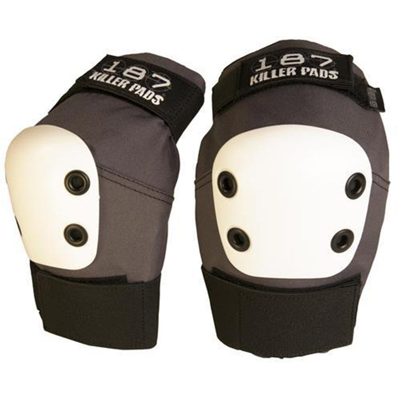 187 Killer Pads Pro Elbow Pads in Grey with a white cap and black securing straps.