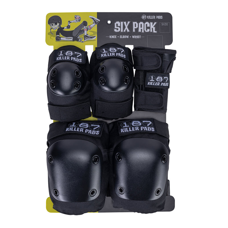 187 Killer Pads Six Pack in Black with knee pads, elbow pads and wrist guards.