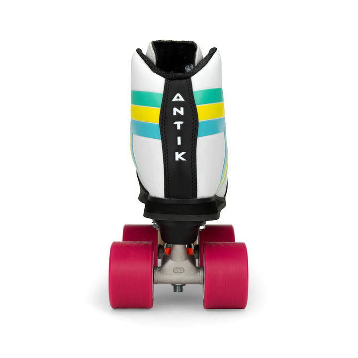Back of Antik Skyhawk Derby Skates in White with Fuchsia wheels.