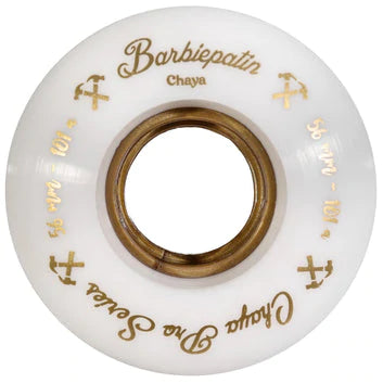 Chaya Barbie Lu Pro 56mm Wheel, white with gold hub and writing.