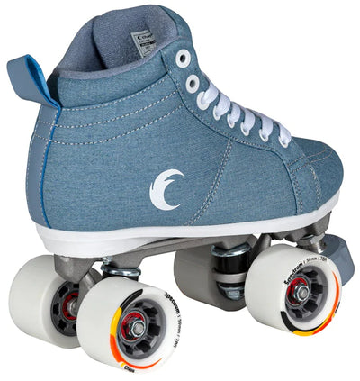 Chaya Denim skates with light blue denim boots and white wheels.
