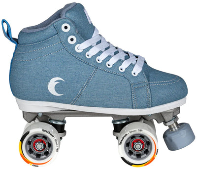 Chaya Denim skates with light blue denim boots and white wheels.