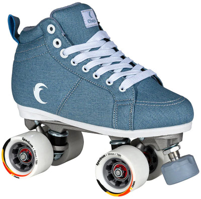 Chaya Denim skates with light blue denim boots and white wheels. 