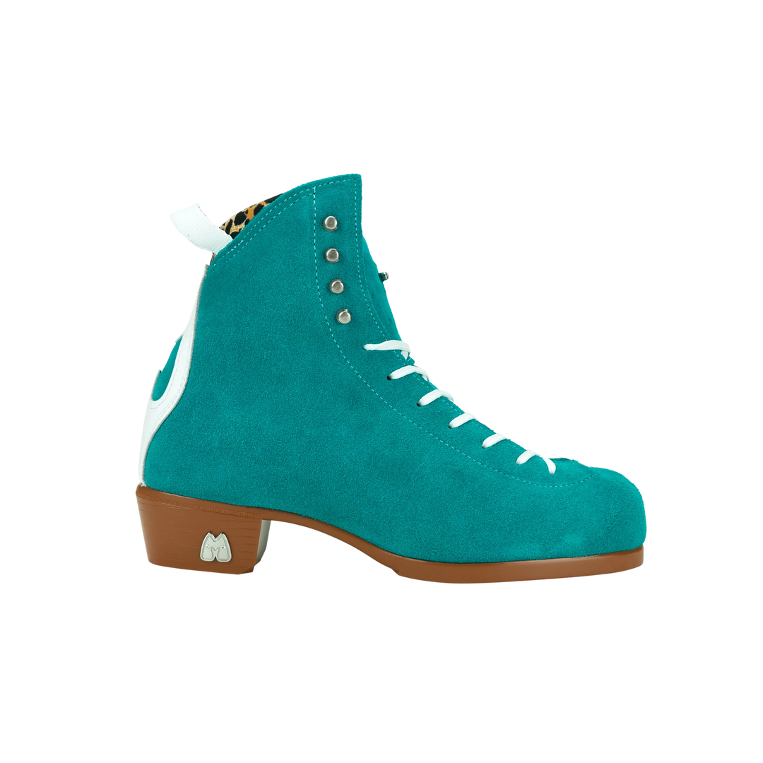 Moxi Roller Skates Jack 1 boots in Jade with tan sole, white backstay and laces, leopard print lining.