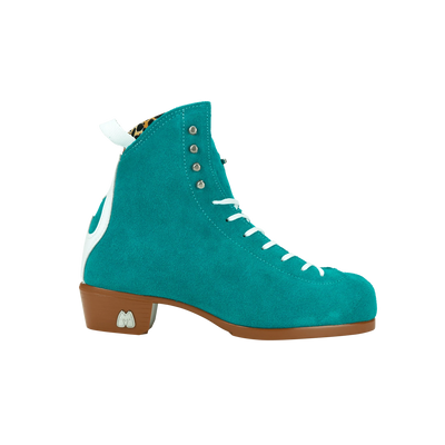 Moxi Roller Skates Jack 1 boots in Jade with tan sole, white backstay and laces, leopard print lining.