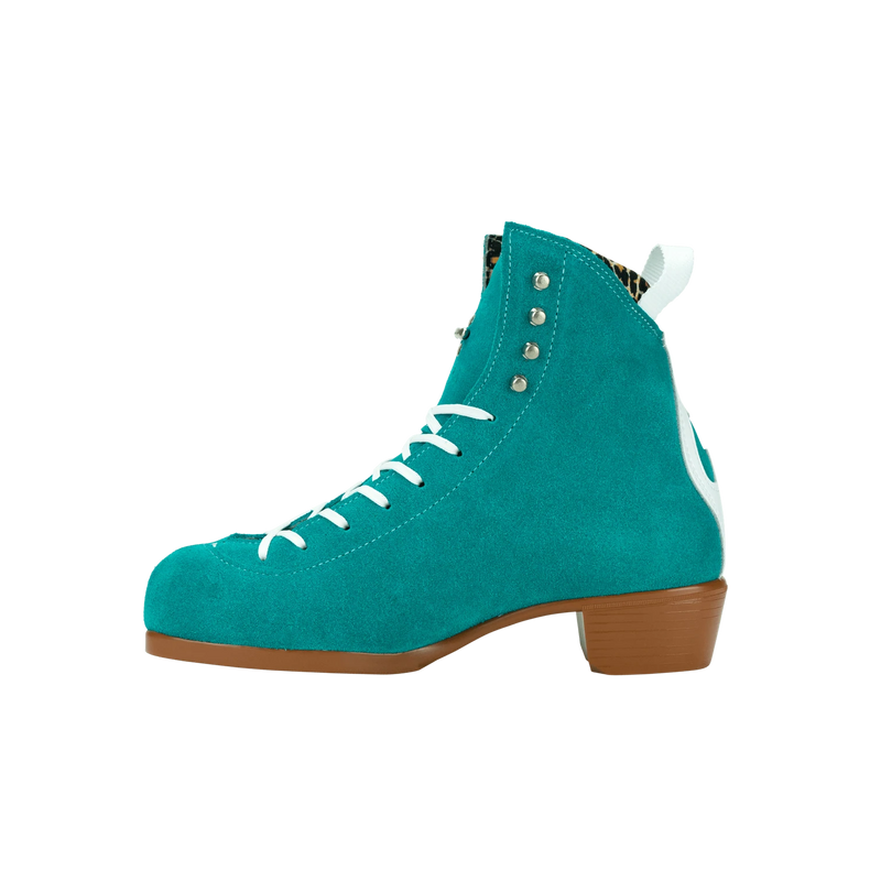 Moxi Roller Skates Jack 1 boots in Jade with tan sole, white backstay and laces, leopard print lining.
