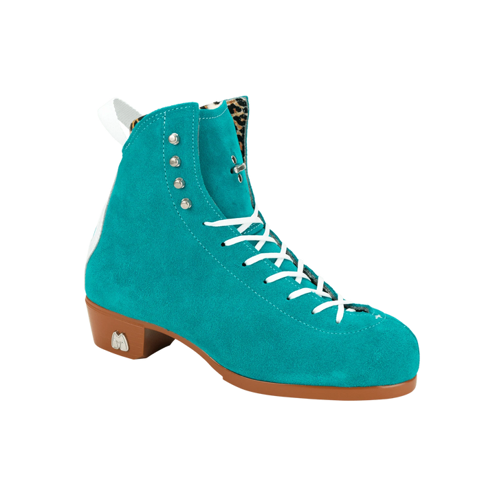 Moxi Roller Skates Jack 1 boots in Jade with tan sole, white backstay and laces, leopard print lining.