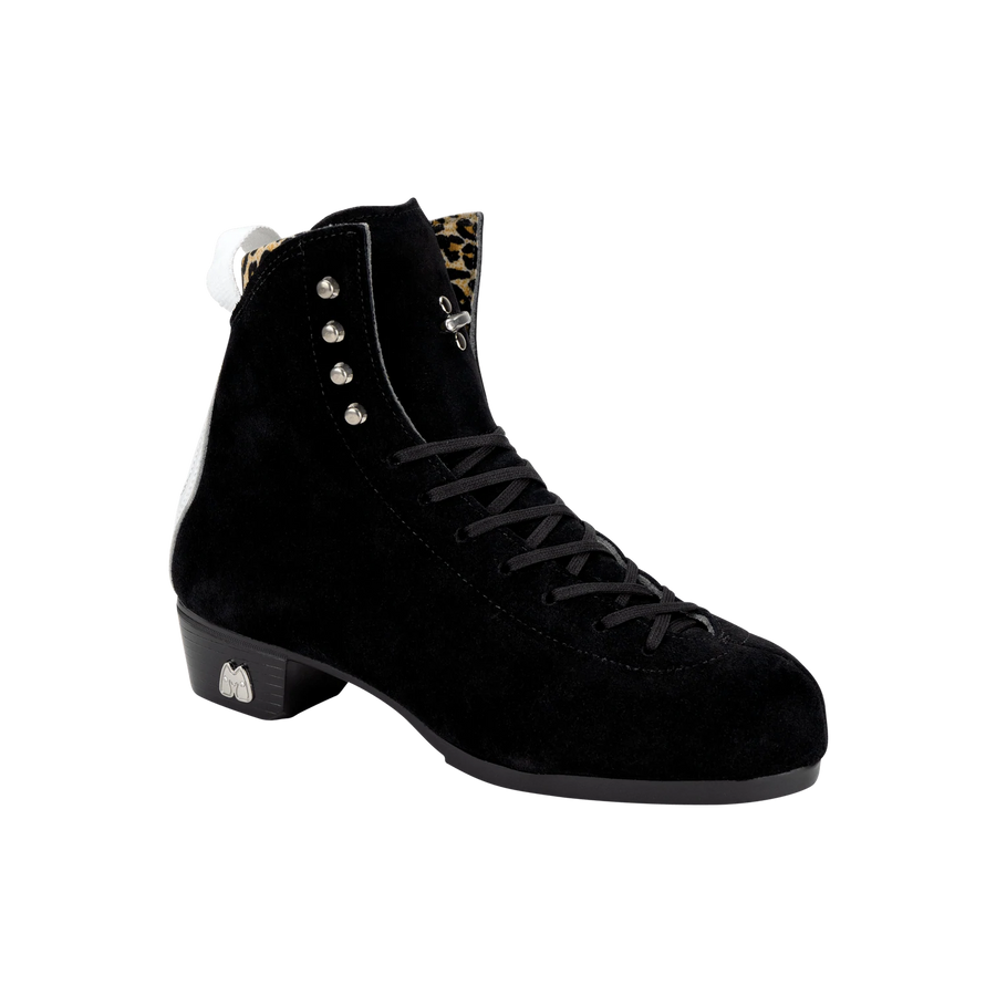 Moxi Roller Skates Jack 1 Boots in black with white backstay and leopard print lining.