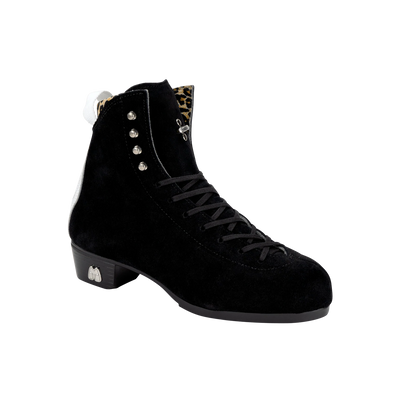 Moxi Roller Skates Jack 1 Boots in black with white backstay and leopard print lining.