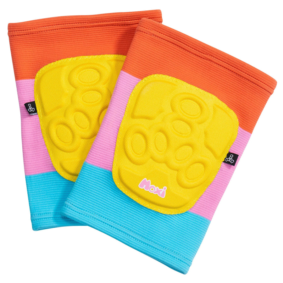 Triple 8 x Moxi Roller Skates covert elbow pads with orange, pink and blue stripes with yellow padded elbow cap section.