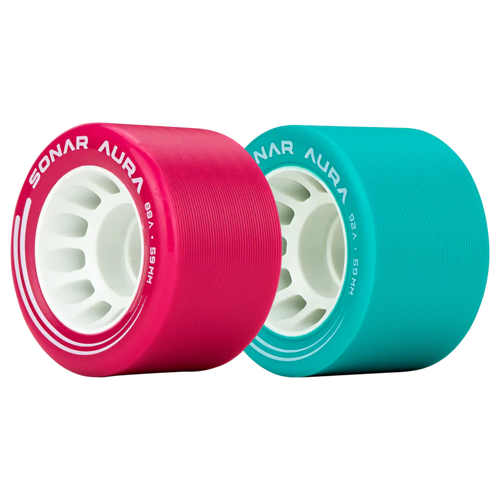 Radar Sonar Aura wheels, one in fuschia and one in blue. 