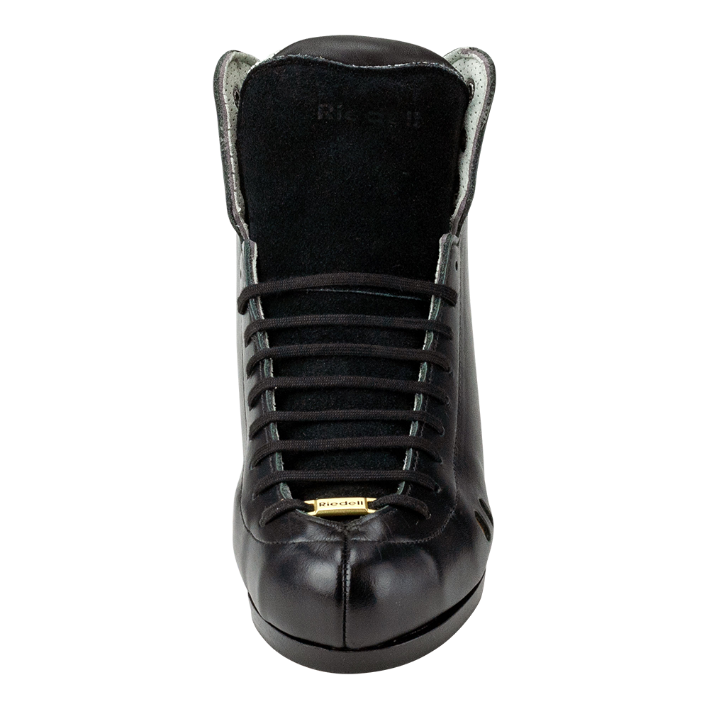 Front view: Riedell 3200 roller skate boots in black with gold perforation.