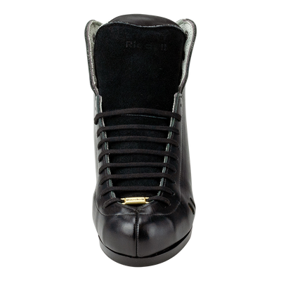 Front view: Riedell 3200 roller skate boots in black with gold perforation.