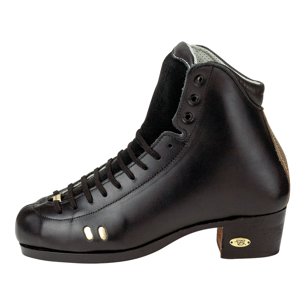 Side view: Riedell 3200 roller skate boots in black with gold perforation.