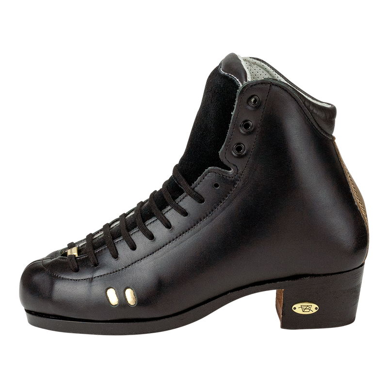 Side view: Riedell 3200 roller skate boots in black with gold perforation.