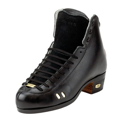 Riedell 3200 roller skate boots in black with gold perforation.
