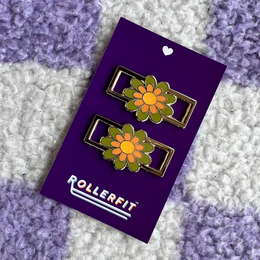 RollerFit Retro Flower Lace Locks gold metal outer and olive green and apricot/orange flower with mustard yellow glitter centre.