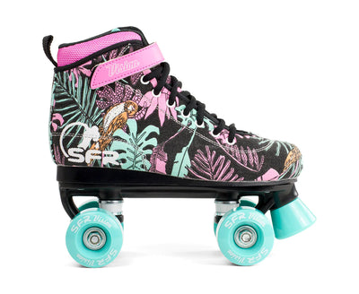 SFR Vision Floral roller skates with black boots pink, aqua and orange tropical floral print and aqua wheels and toe stop.