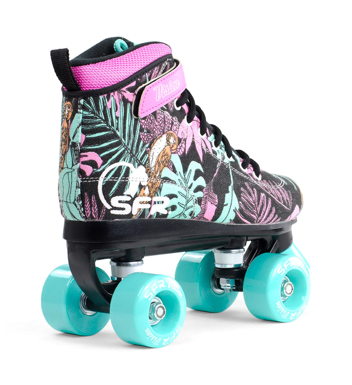 SFR Vision Floral roller skates with black boots pink, aqua and orange tropical floral print and aqua wheels and toe stop.