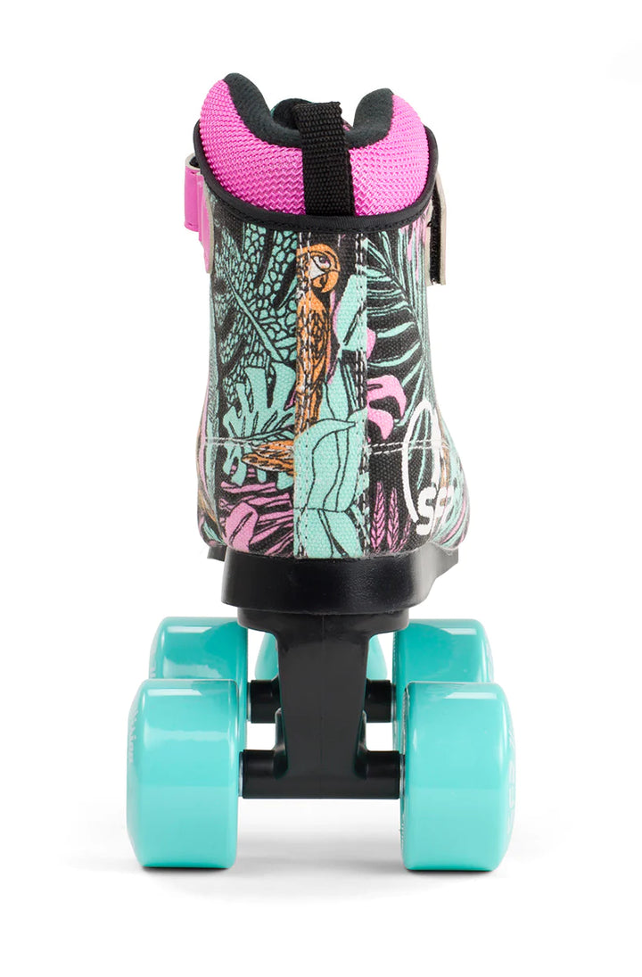 SFR Vision Floral roller skates with black boots pink, aqua and orange tropical floral print and aqua wheels and toe stop.