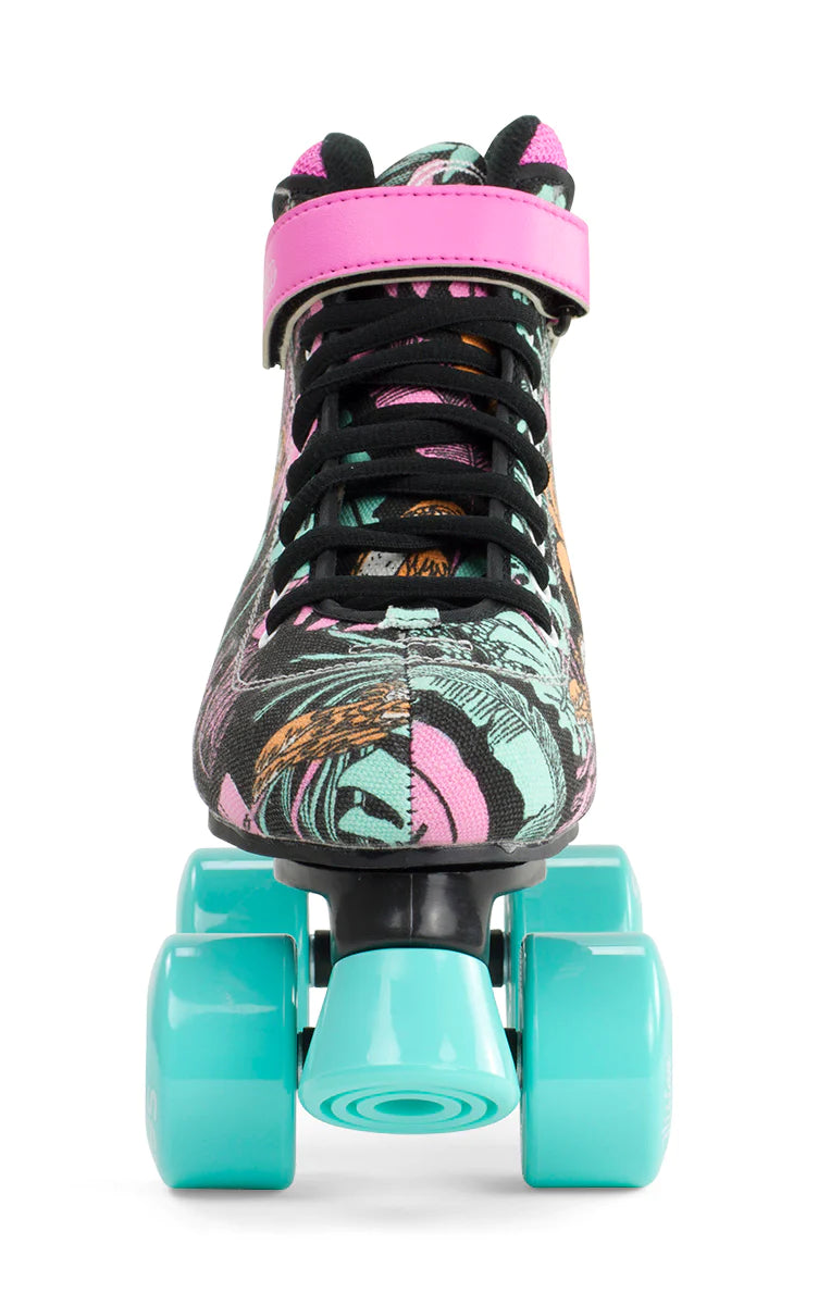 SFR Vision Floral roller skates with black boots pink, aqua and orange tropical floral print and aqua wheels and toe stop.