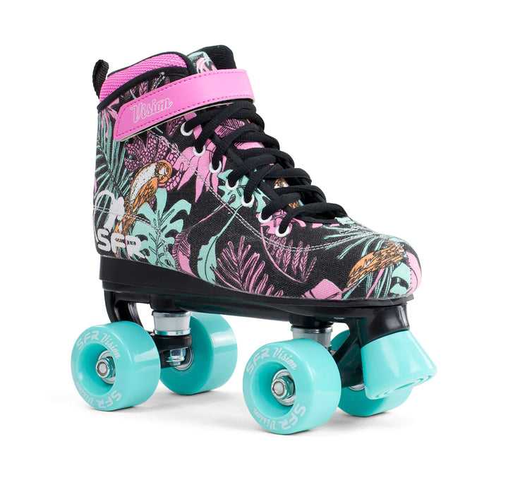 SFR Vision Floral roller skates with black boots pink, aqua and orange tropical floral print and aqua wheels and toe stop.