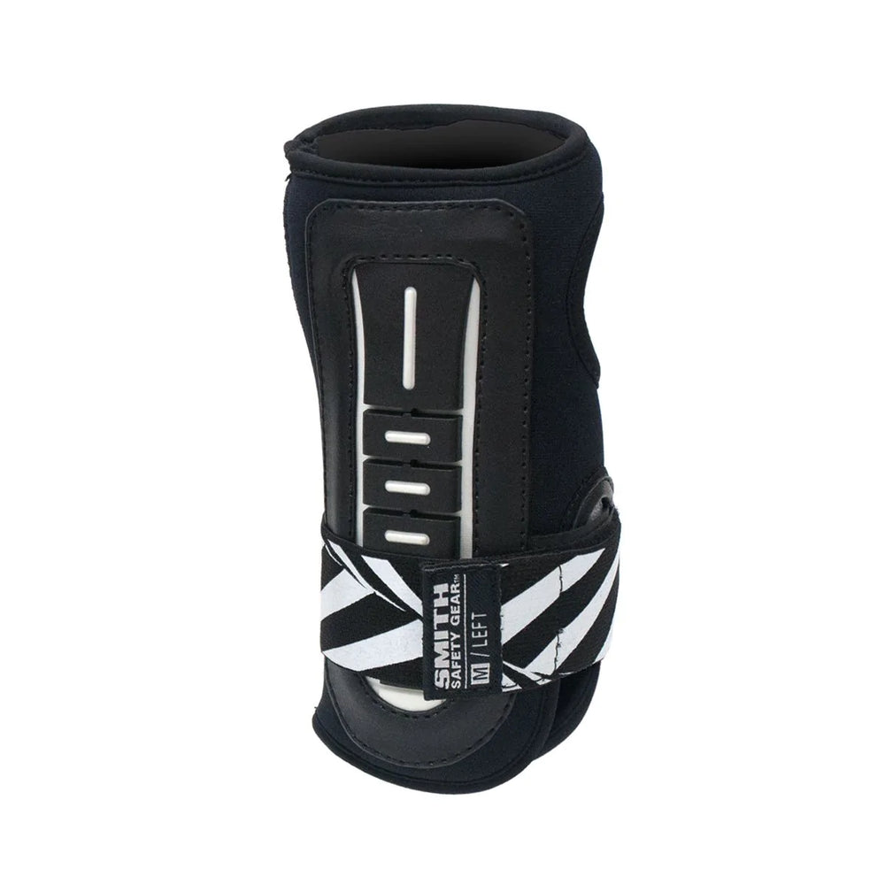 Smith Scabs Stabiliser Pro wrist guard with black neoprene, white splint and black and white stripe spiral print strap.