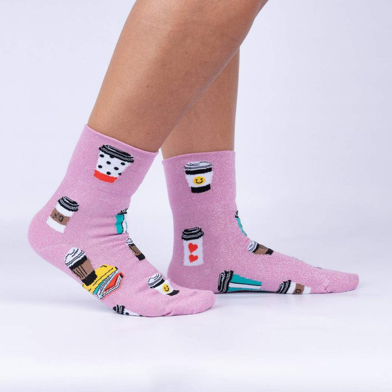 Shimmery pink turn cuff crew socks with coffee cups.